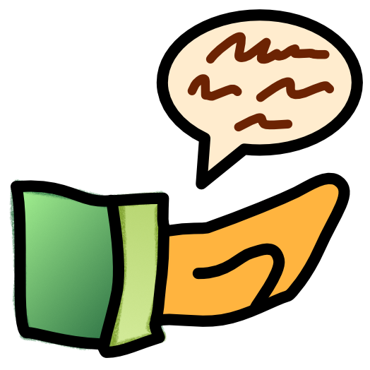 A yellow hand comes from a green sleeve. Hovering above the hand is an off white speech bubble with brown squiggles inside it. The image has dark line art.